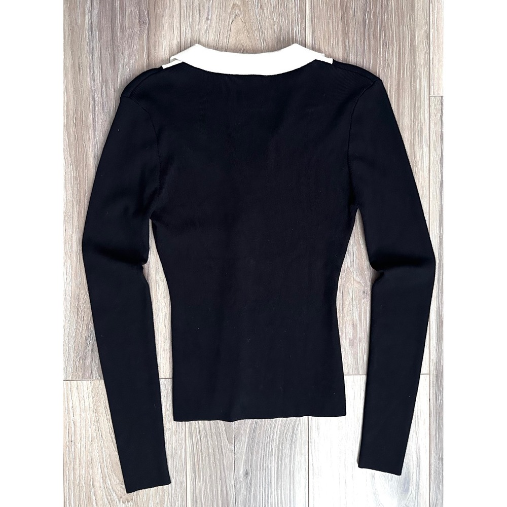 Commense Black Ribbed Knit Polo Top SM Long Sleeve Contrast Collar Office Siren - Picture 7 of 8